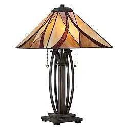 Lampada Da Scrivania Tiffany Asheville Metallo Bronzo Valiant 2 Luci E27