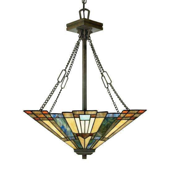 Lampadario Tiffany Inglenook Metallo Bronzo Valiant Piramide 3 Luci E27 QZ-INGLENOOK-P-B