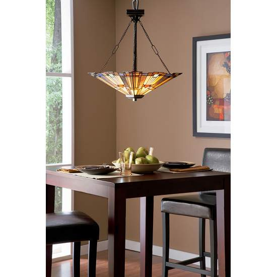 Lampadario Tiffany Inglenook Metallo Bronzo Valiant Piramide 3 Luci E27 QZ-INGLENOOK-P-B