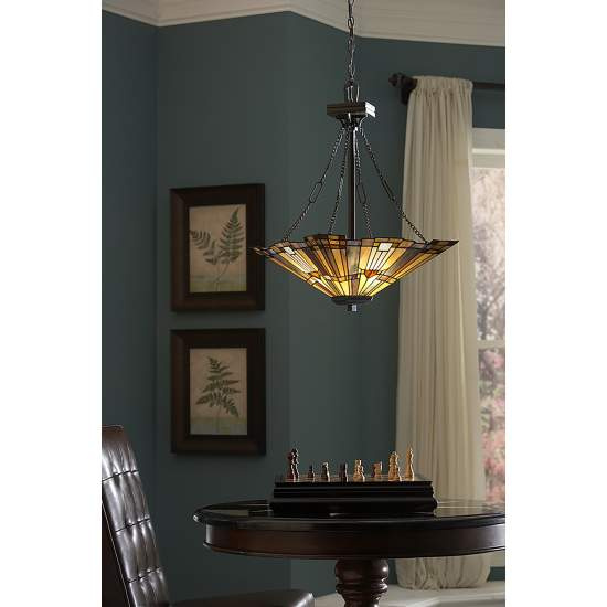 Lampadario Tiffany Inglenook Metallo Bronzo Valiant Piramide 3 Luci E27 QZ-INGLENOOK-P-B
