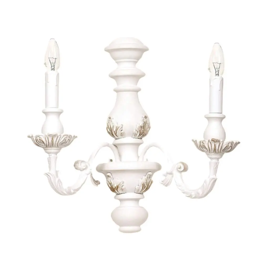 ONLI Applique Wilma 2 Luci, Stile Classico/Rustico - Ferro Battuto Bianco Anticato Con Decorazioni Floreali Dipinte A Mano, Vetro Bianco, Attacco E14