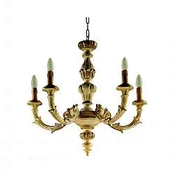 Lampadario In Legno Classico Giallo Crema Sbiancato 5 Luci Rondone