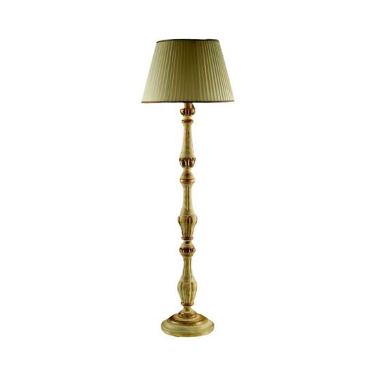 Lampada Da Terra In Legno Classico Giallo Crema Sbiancato Con Paralume Rondone | LuceArt