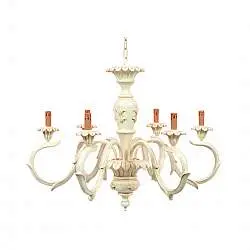 Lampadario In Legno Classico Avorio Patinato 6 Luci Picchio