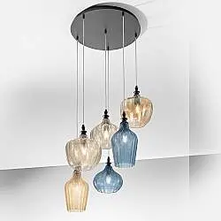 Composizione Sospensione Multipla Cleofe Metallo Nero Vetri Multicolor 6 Luci