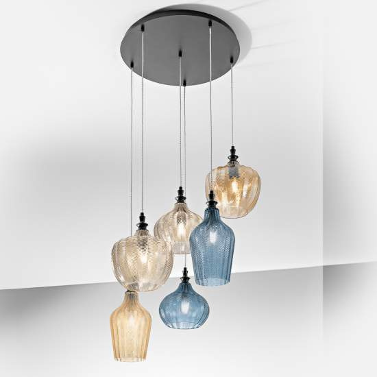 Composizione Sospensione Multipla Cleofe Metallo Nero Vetri Multicolor 6 Luci CLEOFE-S-6-M