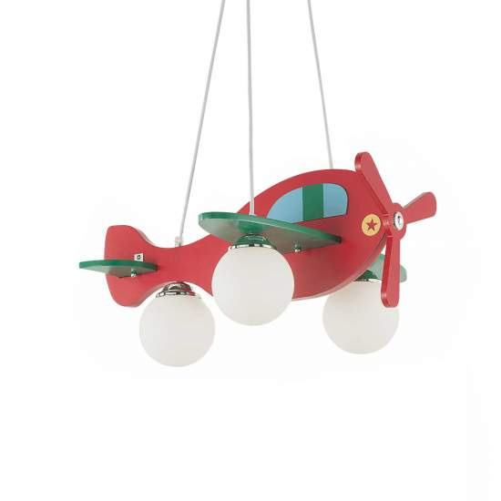 Lampadario Contemporaneo Avion Legno Rosso 3 Luci E14 136318