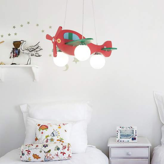 Lampadario Contemporaneo Avion Legno Rosso 3 Luci E14 136318