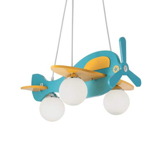 Lampadario Contemporaneo Avion Legno Azzurro 3 Luci E14 136325