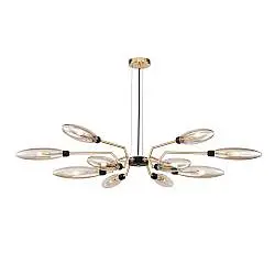 Lampadario Contemporaneo Ventura Metallo Oro 12 Luci Diffusore Vetro Ambra