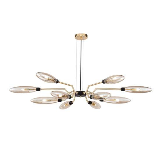 Lampadario Contemporaneo Ventura Metallo Oro 12 Luci Diffusore Vetro Ambra MOD012CL-12G