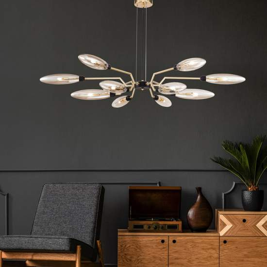 Lampadario Contemporaneo Ventura Metallo Oro 12 Luci Diffusore Vetro Ambra MOD012CL-12G