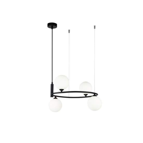 Lampadario Contemporaneo Ring Metallo Nero 4 Luci E Diffusori Bianchi MOD013PL-04B