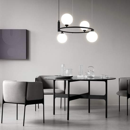 Lampadario Contemporaneo Ring Metallo Nero 4 Luci E Diffusori Bianchi MOD013PL-04B