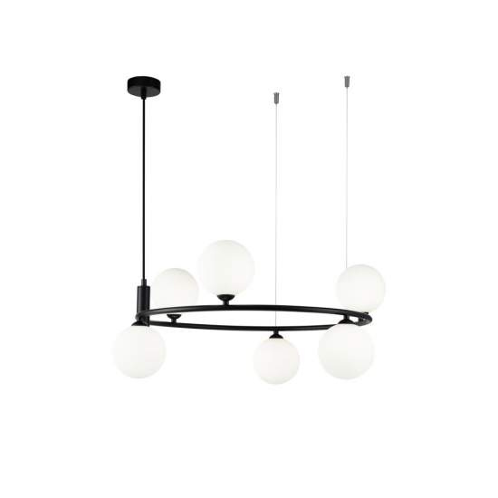 Lampadario Contemporaneo Ring Metallo Nero 6 Luci E Diffusori Bianchi MOD013PL-06B