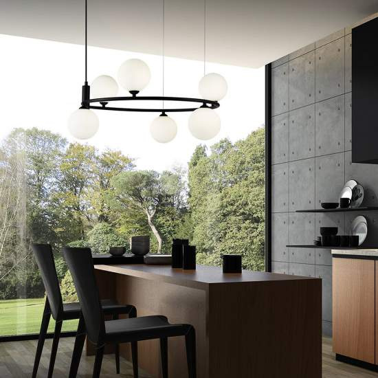 Lampadario Contemporaneo Ring Metallo Nero 6 Luci E Diffusori Bianchi MOD013PL-06B