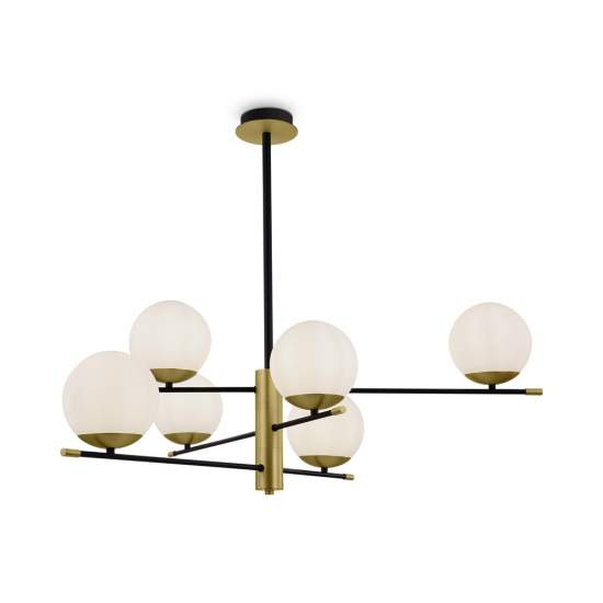 Lampadario Contemporanea Nostalgia Metallo Oro Opaco 6 Luci Diffusori Bianchi MOD048PL-06G