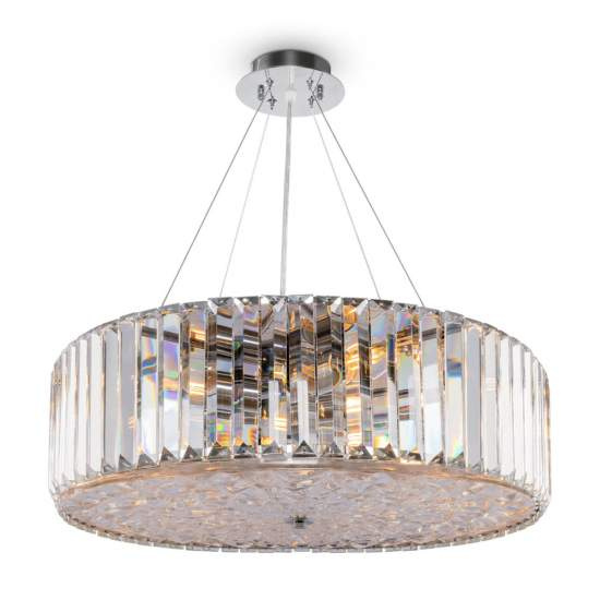 Lampadario Contemporaneo Recinto Metallo Cromo 8 Luci Diffusori Vetro Trasp. MOD080CL-08CH