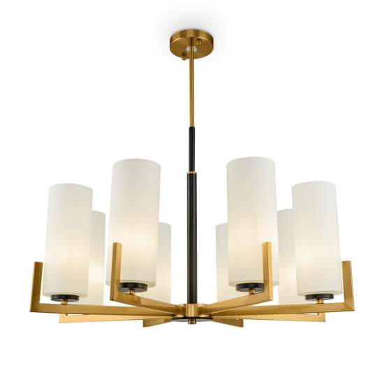 Lampadario Contermporaneo Fortano 8 Luci Metallo Ottone Diffusori Vetro Bianchi MOD089PL-08BS