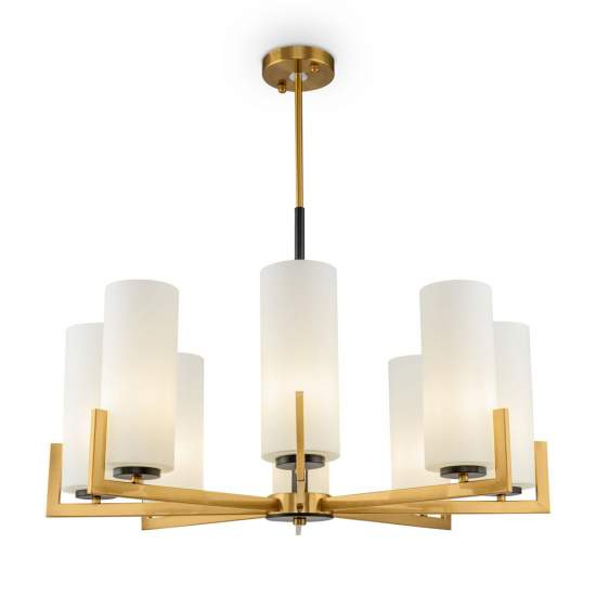 Lampadario Contermporaneo Fortano 8 Luci Metallo Ottone Diffusori Vetro Bianchi MOD089PL-08BS