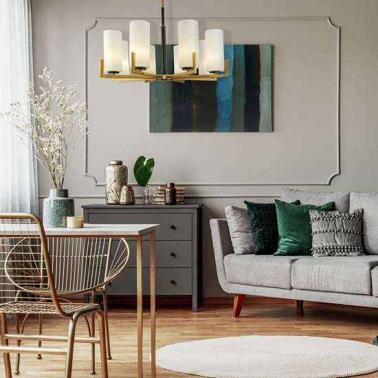 Lampadario Contermporaneo Fortano 8 Luci Metallo Ottone Diffusori Vetro Bianchi MOD089PL-08BS