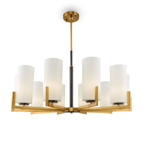 Lampadario Contermporaneo Fortano 10 Luci Metallo Ottone Diffusori Vetro Bianchi MOD089PL-10BS