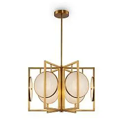 Lampadario Contemporaneo Marmo Metallo Oro 6 Luci Diffusori Bianchi