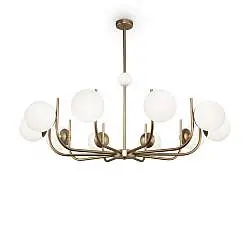 Lampadario Contemporaneo Rendez-Vous Metallo Ottone 10 Luci E Diffusori Bianchi