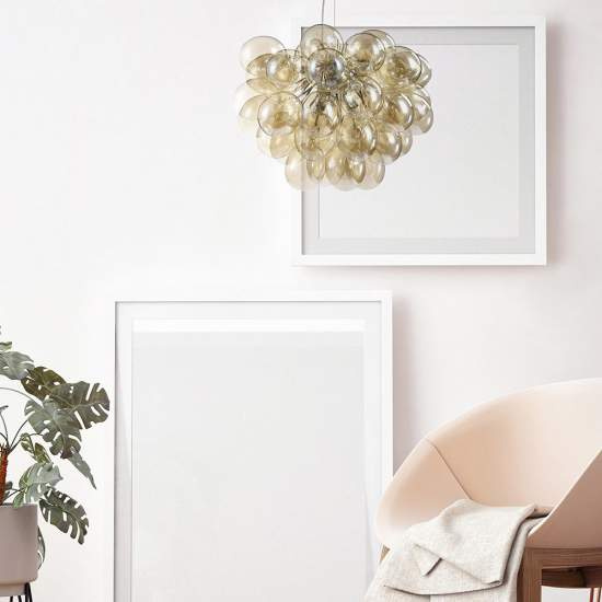 Lampadario Contemporaneo Baldo Metallo Nichel 8 Luci Diffusori Cognac MOD112-08-G