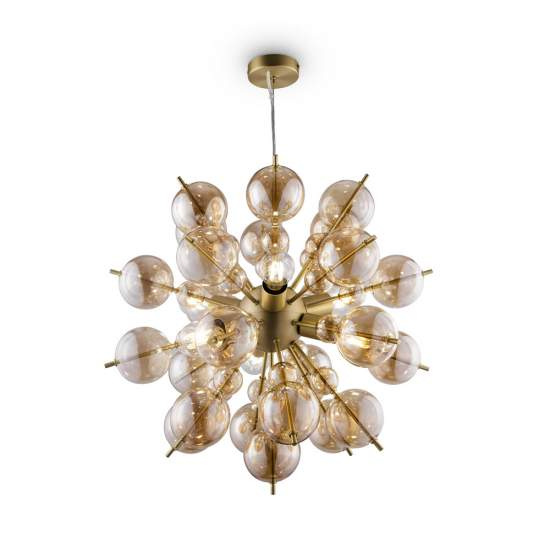 Lampadario Contemporanea Bolla Metallo Ottone 6 Luci Diffusori Vetro Ambra MOD133PL-06BS