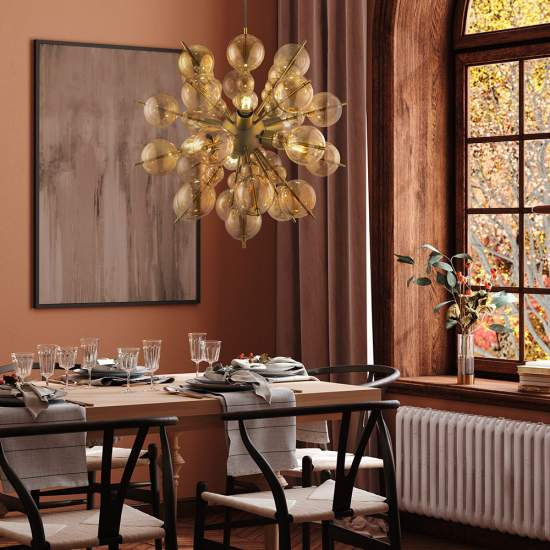 Lampadario Contemporanea Bolla Metallo Ottone 6 Luci Diffusori Vetro Ambra MOD133PL-06BS