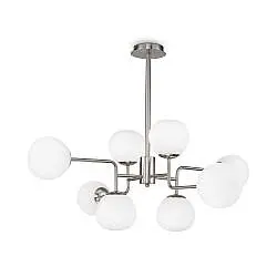 Lampadario Sospensione Erich In Metallo Nichel 8 Luci E Diffusori Bianchi