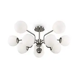 Lampadario Sospensione Erich Metallo Nichel 10 Luci E Diffusori Bianchi