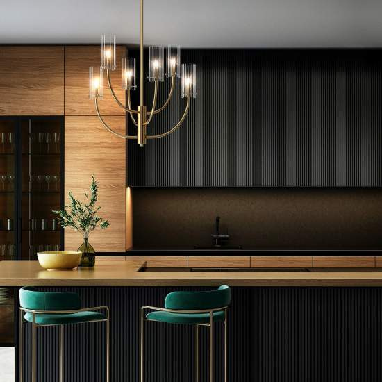 Lampadario Contemporaneo Arco Metallo Ottone 6 Luci Diffusori In Vetro MOD223PL-06BS
