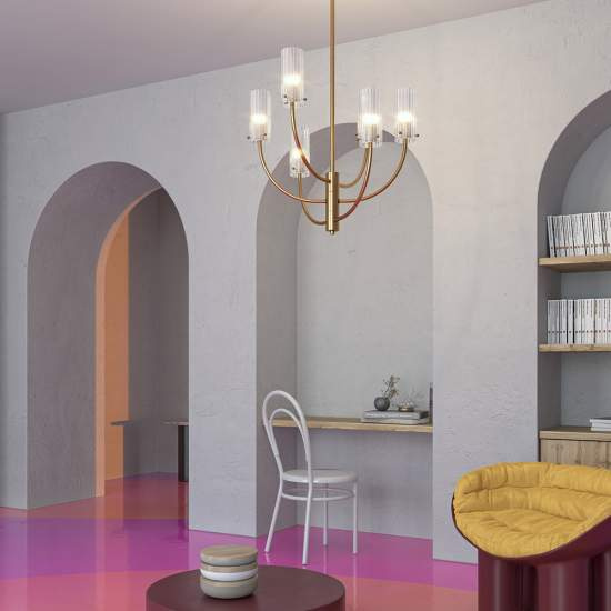 Lampadario Contemporaneo Arco Metallo Ottone 6 Luci Diffusori In Vetro MOD223PL-06BS