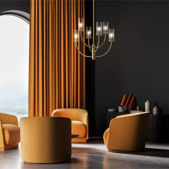 Lampadario Contemporaneo Arco Metallo Ottone 6 Luci Diffusori In Vetro MOD223PL-06BS