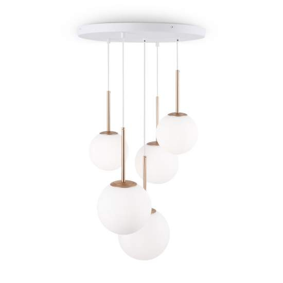 Lampadario Minimal Basic Form In Metallo Bianco E Oro 5 Luci E Diffusori Vetro MOD321PL-05G