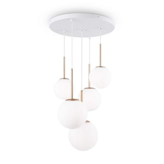 Lampadario Minimal Basic Form In Metallo Bianco E Oro 5 Luci E Diffusori Vetro MOD321PL-05G