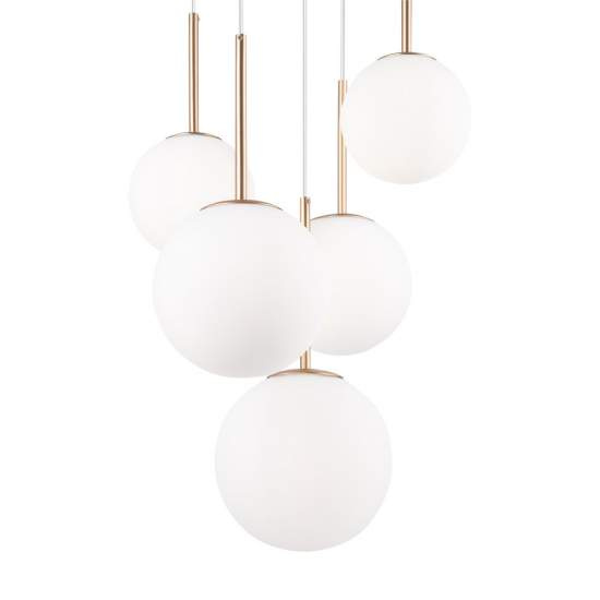 Lampadario Minimal Basic Form In Metallo Bianco E Oro 5 Luci E Diffusori Vetro MOD321PL-05G
