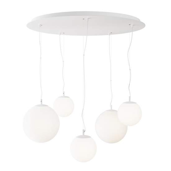Lampadario Minimal Basic Form In Metallo Bianco 5 Luci Con Diffusori In Vetro MOD321PL-05W1