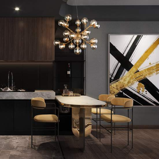 Lampadario Contemporaneo Dallas Metallo Oro 24 Luci Diffusori Ambra MOD545PL-24G