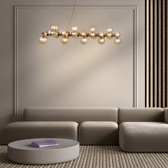 Lampadario Contemporaneo Dallas Metallo Oro 25 Luci Diffusori Vetro Ambra MOD547PL-25G