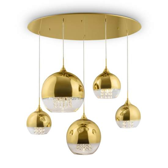 Lampadario Contemporaneo Fermi Metallo Oro 5 Luci Diffusori Vetro E Metallo P140-PL-170-5-G