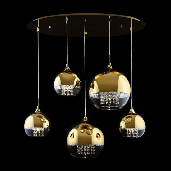 Lampadario Contemporaneo Fermi Metallo Oro 5 Luci Diffusori Vetro E Metallo P140-PL-170-5-G
