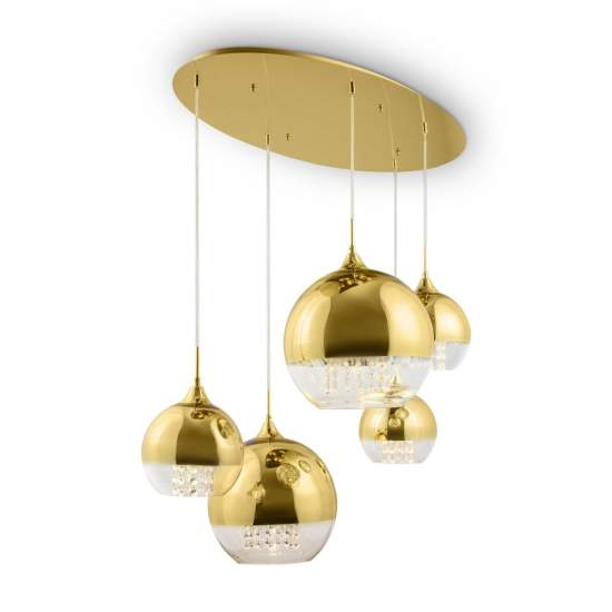 Lampadario Contemporaneo Fermi Metallo Oro 5 Luci Diffusori Vetro E Metallo P140-PL-170-5-G