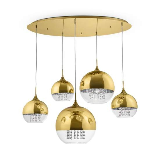 Lampadario Contemporaneo Fermi Metallo Oro 5 Luci Diffusori Vetro E Metallo P140-PL-170-5-G