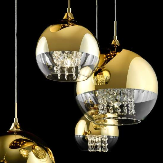 Lampadario Contemporaneo Fermi Metallo Oro 5 Luci Diffusori Vetro E Metallo P140-PL-170-5-G