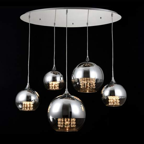Lampadario Contemporaneo Fermi Metallo Nichel 5 Luci Diffusori Vetro E Metallo P140-PL-170-5-N