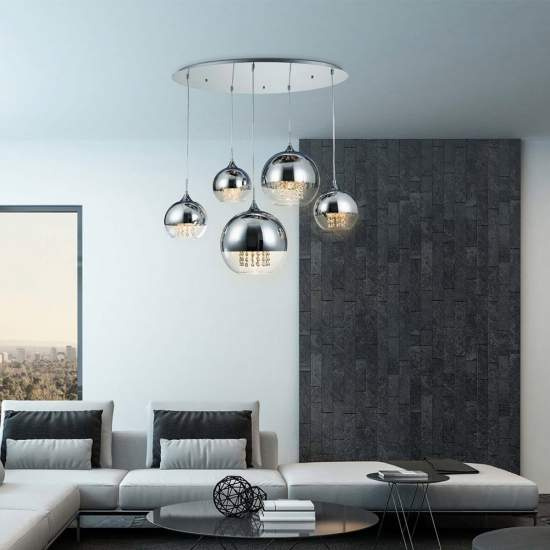 Lampadario Contemporaneo Fermi Metallo Nichel 5 Luci Diffusori Vetro E Metallo P140-PL-170-5-N
