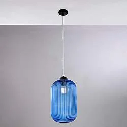 Sospensione 1 Luce Krizia In Ferro Nero E Vetro Azzurro Effetto Plisse'